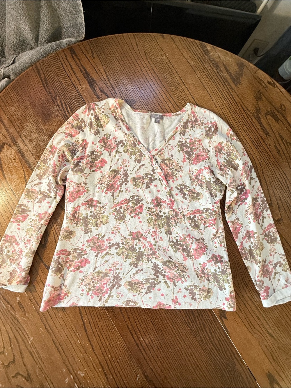 J. Jill Cream Floral Wrap-Style Long Sleeve Top in Pink & Olive